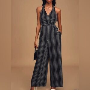 Lulus Seaside Chic Black Multi Striped Halter Wide-Leg Jumpsuit Size M